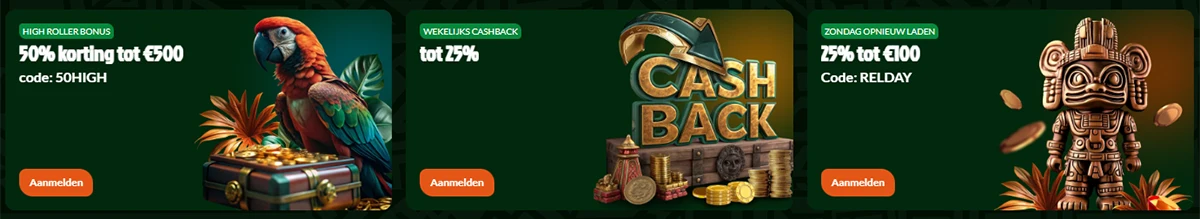 Casino bonussen in het Nederlands met High Roller bonus, wekelijkse cashback en zondag opwaardeeractie.