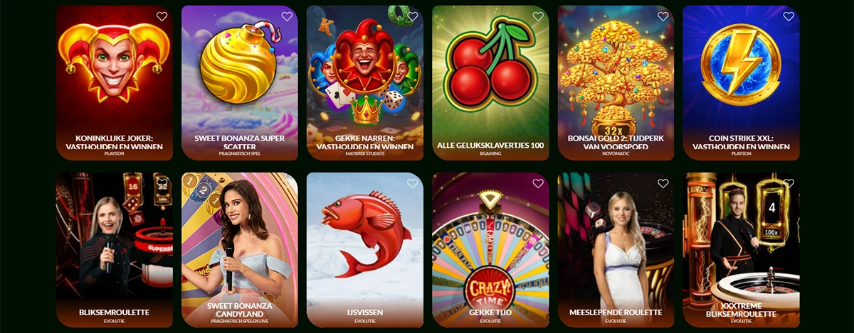 Casino spellenlobby met populaire slots, live roulette, blackjack en bonusspelcategorieën.