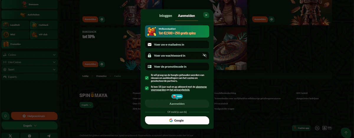SpinMaya aanmeldformulier met welkomstpakket tot €7.500 en 250 gratis spins.